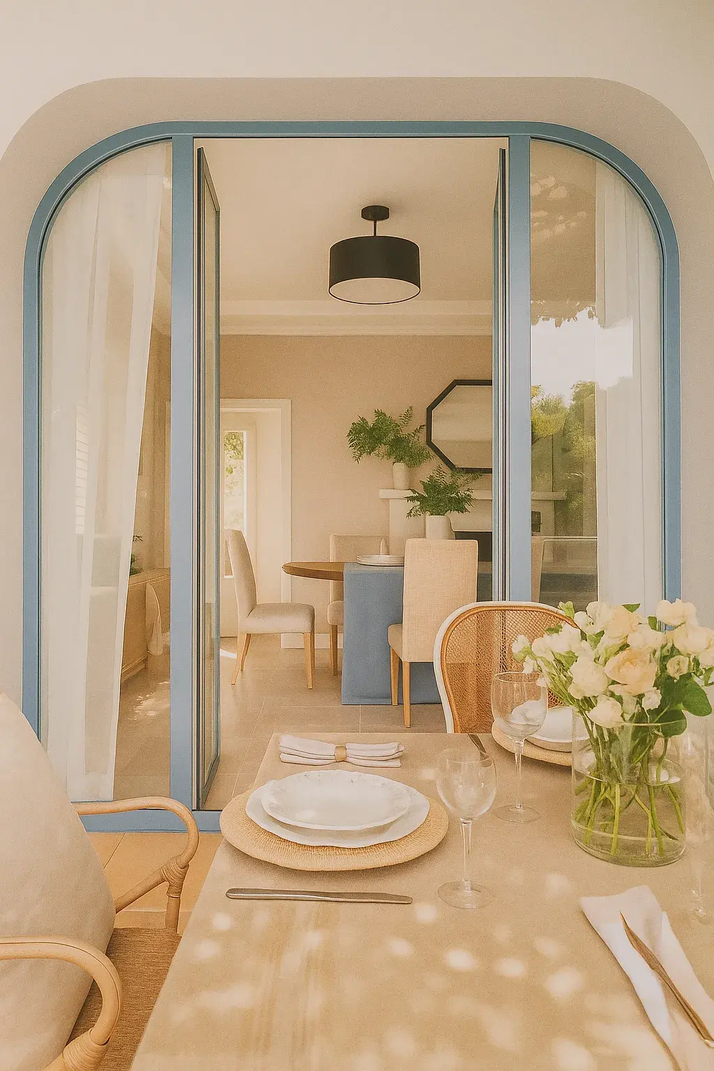 Blue arched glass doors framing a dining room with a set table