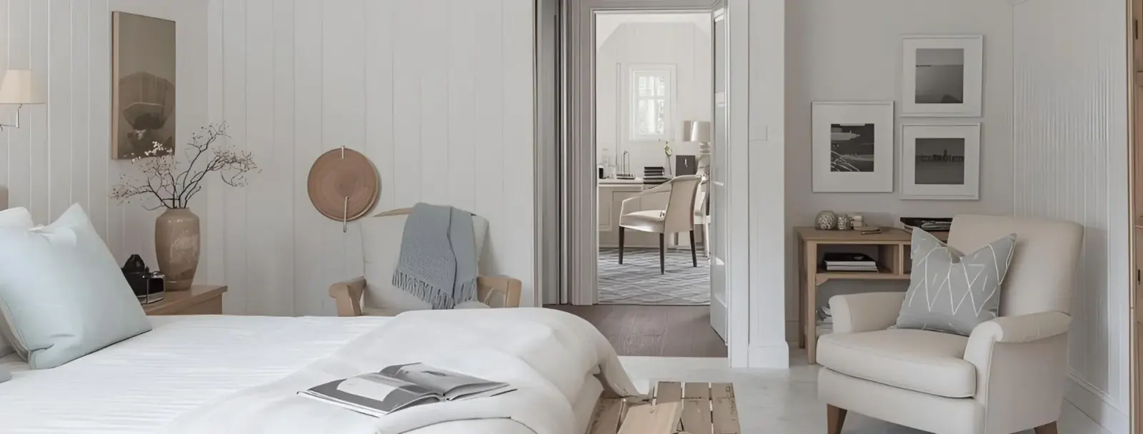 White panelled bedroom opening onto a bright study