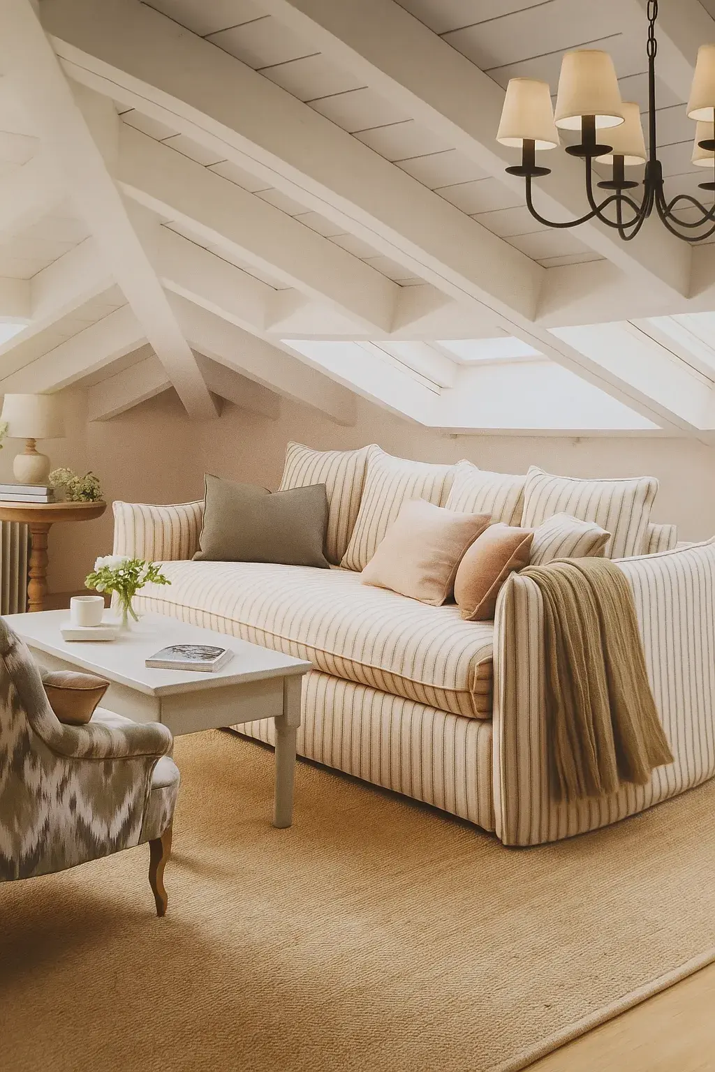 Attic living room with a striped sofa and sisal rug