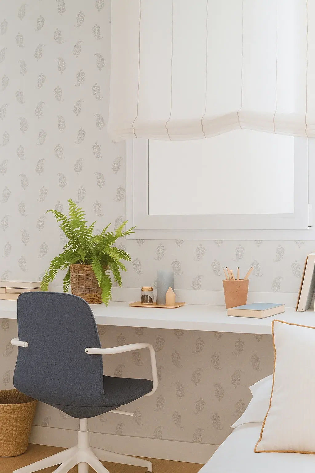 Home-office corner with patterned wallpaper and a fern